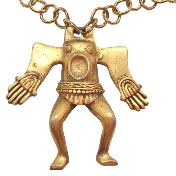Vintage Tortolani Pendant Necklace, Gold Tone Tribal Warrior Pendant on Chain - Picture 1 of 11